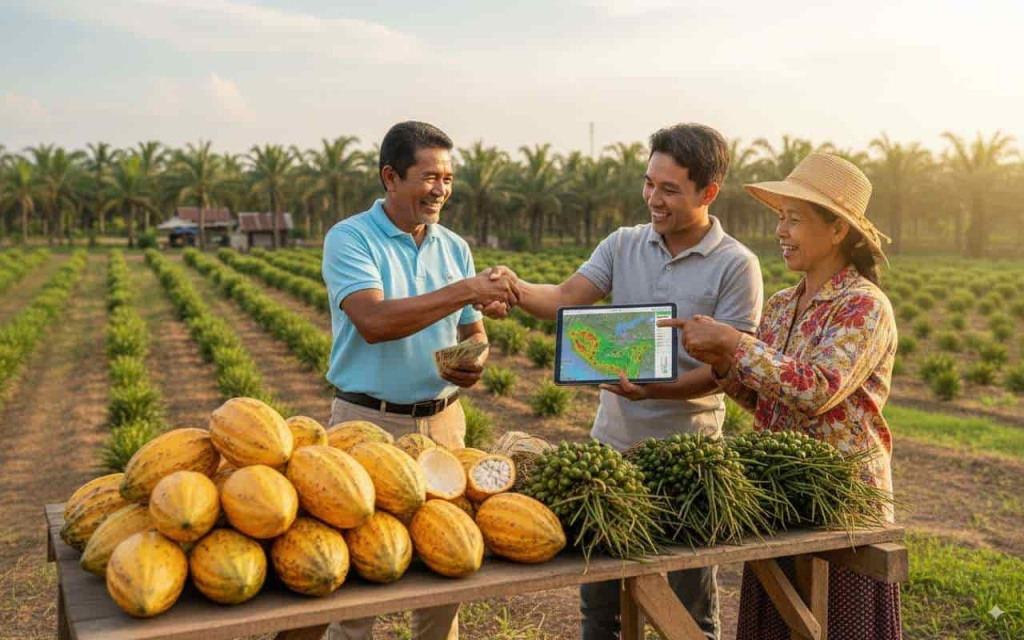 agricultor exitoso mostrando y vendiendo su producto