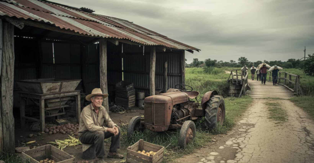 realidad del agricultor - campesino sentado viendo su terreno con necesidad