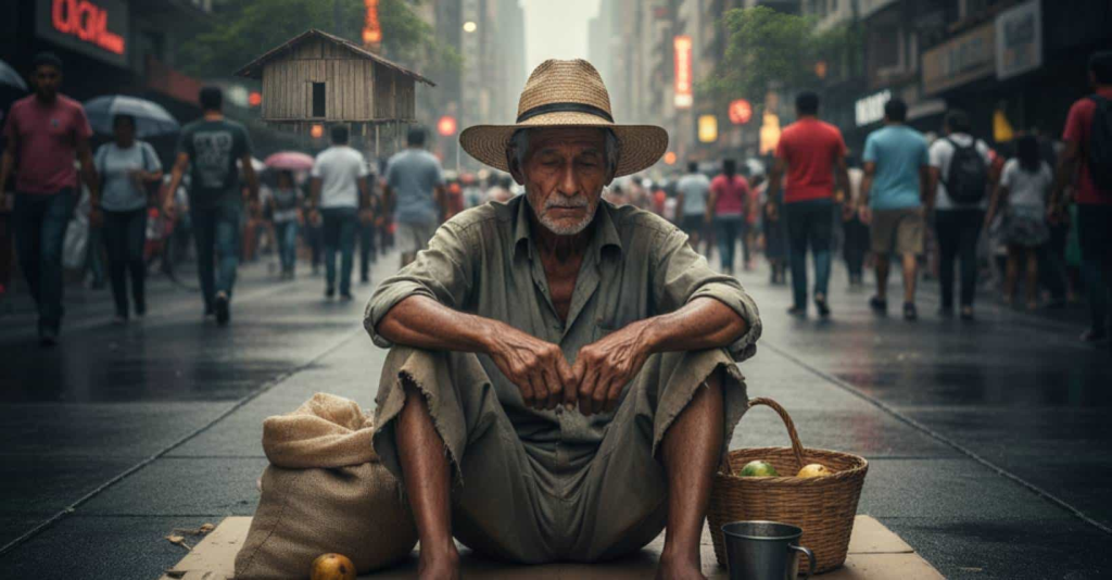 campesino en la ciudad con su pobreza