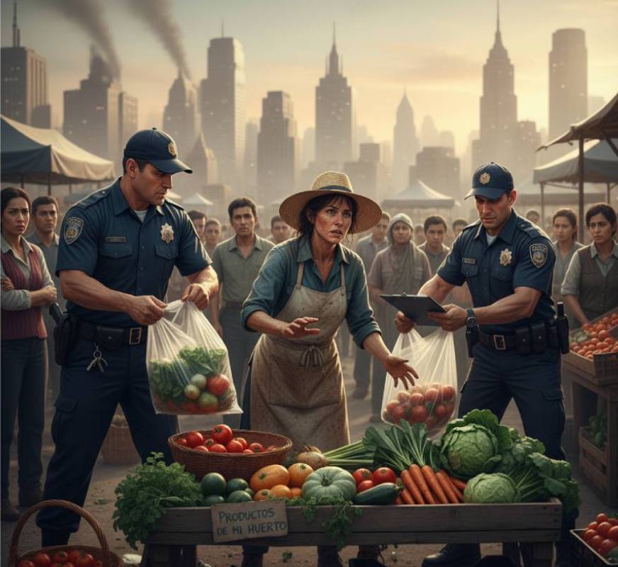 la paradoja del agricultor urbano, siendo despojado de sus productos por guardias muniicipales