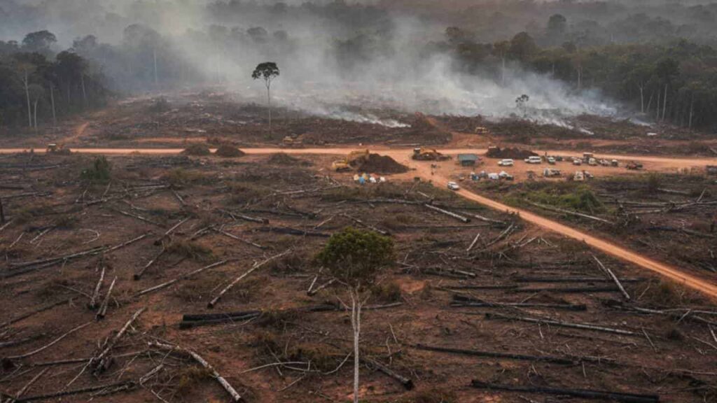 plantaciones forestales, vista aérea de área deforestada con grandes daños