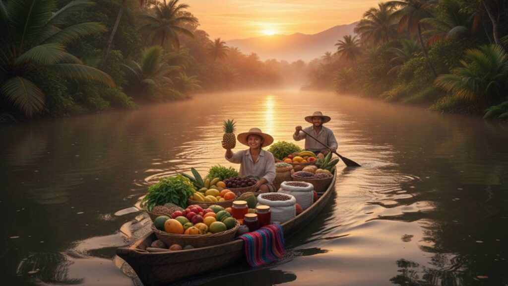 Los Agricultores que alimentan al mundo, pareja de agricultores llevan sus productos con su canoa al mercado mas cerca