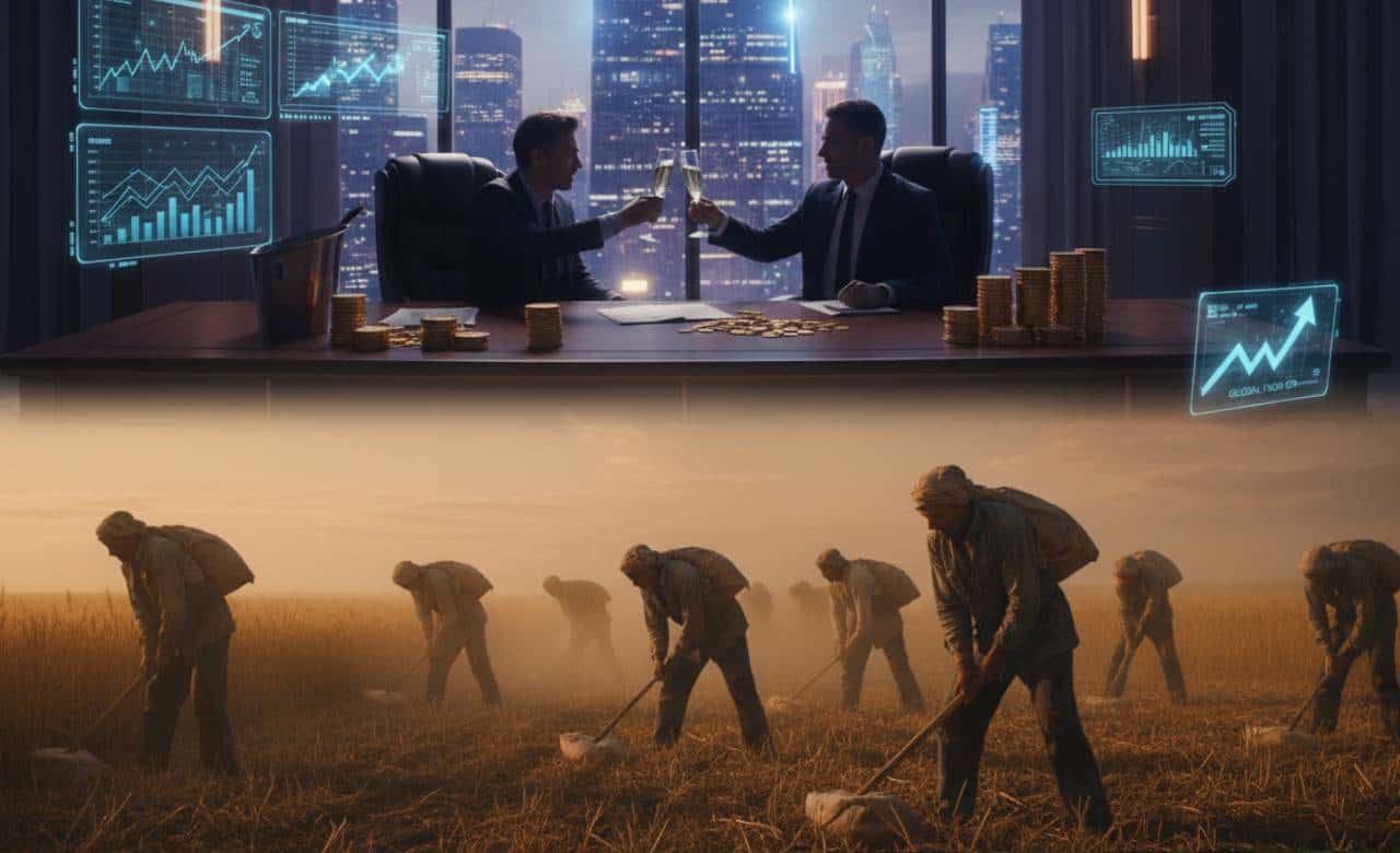 Los Agricultores que alimentan al mundo Los Agricultores que alimentan al mundo, imagen dividido en dos partes en la posterior dos empresarios celebrando el beneficio que sacan con el aprovechamiento de los trabajadores agrarios en imagen en la parte inferior