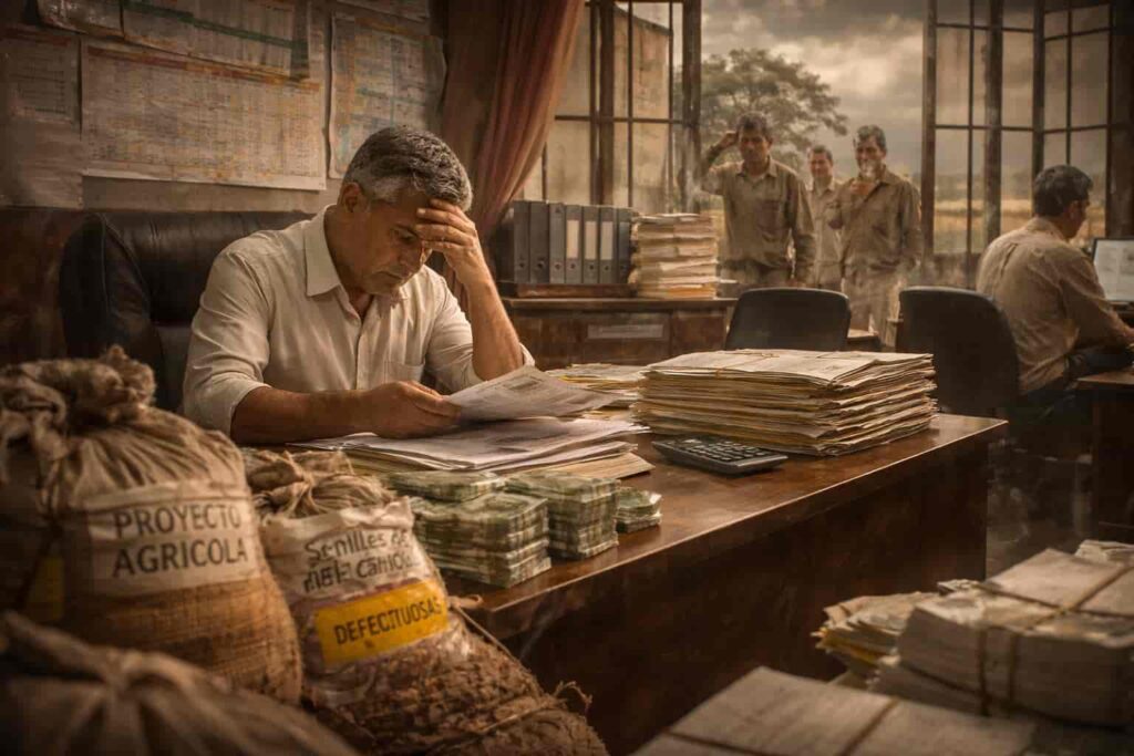 agricultores empobrecidos, gobernador regional en su oficina