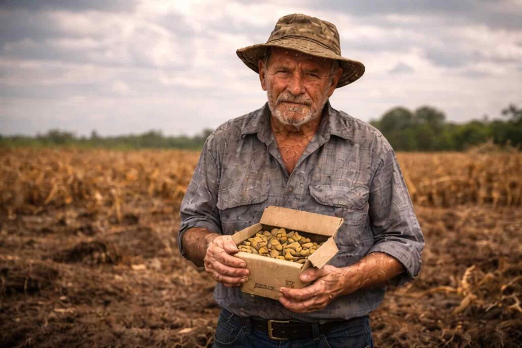 agricultores empobrecidos, agricultor mostrando semilla