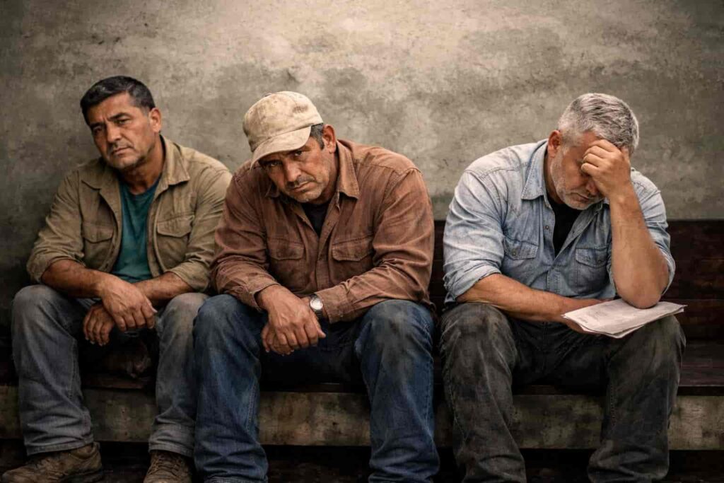 agricultores empobrecidos, tres agricultores en espera